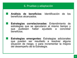 15
Agenda 6. Pruebas y adaptación
Análisis de beneficios: Identificación de los
beneficios alcanzados.
Estrategias correlacionadas: Entendimiento de
estrategias que se ejecutaron al mismo tiempo y
que pudiesen haber ayudado a concretar
beneficios.
Estrategias emergentes: Estrategias adicionales
que pueden ser resultado a resolver alguna
situación de riesgo, o para incrementar la mejora
del desempeño de la Estrategia.
 