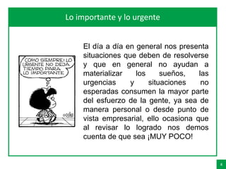 4
Agenda Lo importante y lo urgente
El día a día en general nos presenta
situaciones que deben de resolverse
y que en general no ayudan a
materializar los sueños, las
urgencias y situaciones no
esperadas consumen la mayor parte
del esfuerzo de la gente, ya sea de
manera personal o desde punto de
vista empresarial, ello ocasiona que
al revisar lo logrado nos demos
cuenta de que sea ¡MUY POCO!
 