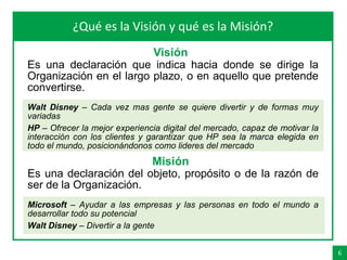 6
Agenda¿Qué es la Visión y qué es la Misión?
Es una declaración que indica hacia donde se dirige la
Organización en el largo plazo, o en aquello que pretende
convertirse.
Walt Disney – Cada vez mas gente se quiere divertir y de formas muy
variadas
HP – Ofrecer la mejor experiencia digital del mercado, capaz de motivar la
interacción con los clientes y garantizar que HP sea la marca elegida en
todo el mundo, posicionándonos como lideres del mercado
Visión
Misión
Es una declaración del objeto, propósito o de la razón de
ser de la Organización.
Microsoft – Ayudar a las empresas y las personas en todo el mundo a
desarrollar todo su potencial
Walt Disney – Divertir a la gente
 