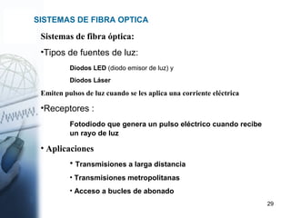 29
SISTEMAS DE FIBRA OPTICA
Sistemas de fibra óptica:
•Tipos de fuentes de luz:
Diodos LED (diodo emisor de luz) y
Diodos Láser
Emiten pulsos de luz cuando se les aplica una corriente eléctrica
•Receptores :
Fotodiodo que genera un pulso eléctrico cuando recibe
un rayo de luz
• Aplicaciones
• Transmisiones a larga distancia
• Transmisiones metropolitanas
• Acceso a bucles de abonado
 