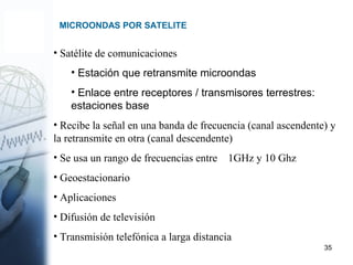 35
MICROONDAS POR SATELITE
• Satélite de comunicaciones
• Estación que retransmite microondas
• Enlace entre receptores / transmisores terrestres:
estaciones base
• Recibe la señal en una banda de frecuencia (canal ascendente) y
la retransmite en otra (canal descendente)
• Se usa un rango de frecuencias entre 1GHz y 10 Ghz
• Geoestacionario
• Aplicaciones
• Difusión de televisión
• Transmisión telefónica a larga distancia
 