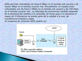 ADSL permite velocidades de hasta 8 Mbps en el sentido red-usuario y de hasta1 Mbps en el sentido usuario-red. Actualmente, en España estas velocidades sonde hasta 2 Mbps en el sentido red-usuario y de300 Kbps en el sentido usuario-red.  La velocidad de transmisión también depende de la distancia del módem a la centralita,de forma que si la distancia es mayor de 3 Kilómetros se pierde parte de lacalidady la tasa de  transferencia empieza a bajar. Un esquema de conexión ADSL podría ser: 
