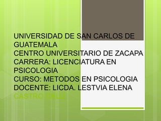 UNIVERSIDAD DE SAN CARLOS DE
GUATEMALA
CENTRO UNIVERSITARIO DE ZACAPA
CARRERA: LICENCIATURA EN
PSICOLOGIA
CURSO: METODOS EN PSICOLOGIA
DOCENTE: LICDA. LESTVIA ELENA
CASTRO CRUZ
 