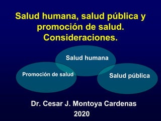 Salud humana, salud pública y
promoción de salud.
Consideraciones.
Dr. Cesar J. Montoya Cardenas
2020
Salud humana
Salud pública
Promoción de salud
 