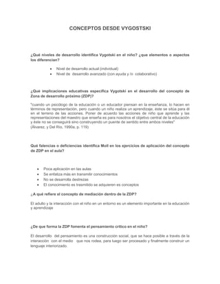 CONCEPTOS DESDE VYGOSTSKI




¿Qué niveles de desarrollo identifica Vygotski en el niño? ¿que elementos o aspectos
los diferencian?

               Nivel de desarrollo actual (individual)
               Nivel de desarrollo avanzado (con ayuda y /o colaborativo)



¿Qué implicaciones educativas especifica Vygotski en el desarrollo del concepto de
Zona de desarrollo próximo (ZDP)?

"cuando un psicólogo de la educación o un educador piensan en la enseñanza, lo hacen en
términos de representación, pero cuando un niño realiza un aprendizaje, éste se sitúa para él
en el terreno de las acciones. Poner de acuerdo las acciones de niño que aprende y las
representaciones del maestro que enseña es para nosotros el objetivo central de la educación
y éste no se conseguirá sino construyendo un puente de sentido entre ambos niveles"
(Álvarez. y Del Río, 1990a, p. 119)



Qué falencias o deficiencias identifica Moll en los ejercicios de aplicación del concepto
de ZDP en el aula?



       Poca aplicación en las aulas
       Se enfatiza más en transmitir conocimientos
       No se desarrolla destrezas
       El conocimiento es trasmitido se adquieren es conceptos

¿A qué refiere el concepto de mediación dentro de la ZDP?

El adulto y la interacción con el niño en un entorno es un elemento importante en la educación
y aprendizaje



¿De que forma la ZDP fomenta el pensamiento crítico en el niño?

El desarrollo del pensamiento es una construcción social, que se hace posible a través de la
interacción con el medio que nos rodea, para luego ser procesado y finalmente construir un
lenguaje interiorizado.
 