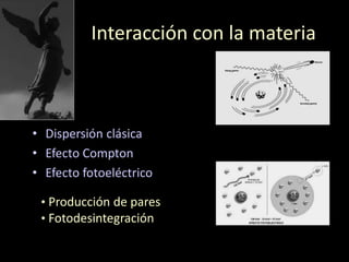 Interacción con la materia
• Dispersión clásica
• Efecto Compton
• Efecto fotoeléctrico
• Producción de pares
• Fotodesintegración
 