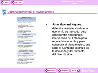 LOS SISTEMAS ECONÓMICOS
TEMA 2
Santillana
INICIO
SALIRSALIRANTERIORSIGUIENTE
INTERNET
Doctrina económica: el keynesianismo
• John Maynard Keynes:
defendía la existencia de una
economía de mercado, pero
consideraba necesaria la
intervención del Estado para
regular la economía y para
conseguir el pleno empleo, que
sería la fuente del estímulo de
la demanda y del aumento
del nivel de vida.
 