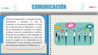COMUNICACIÓN
Facultad de Humanidades y Educación.
Proceso de transmisión y recepción de ideas,
información y mensajes. El acto de
comunicar es un proceso complejo en el que
dos o más personas se relacionan y, a través
de un intercambio de mensajes con códigos
similares, tratan de comprenderse e influirse
de forma que sus objetivos sean aceptados en
la forma prevista, utilizando un canal que
actúa de soporte en la transmisión de la
información. Es más un hecho sociocultural
que un proceso mecánico. (EcuRed, pp, 1)
 