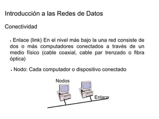 Introducción a las Redes de Datos  Conectividad  ●   Enlace (link) En el nivel más bajo la una red consiste de dos o más computadores conectados a través de un medio físico (cable coaxial, cable par trenzado o fibra óptica)  ●   Nodo: Cada computador o dispositivo conectado  Nodos  Enlace  