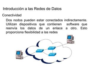 Introducción a las Redes de Datos  Conectividad  Dos nodos pueden estar conectados indirectamente. Utilizan dispositivos que contienen  software que reenvía los datos de un enlace a otro. Esto proporciona flexibilidad a las redes  