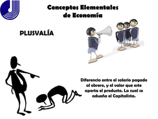 Conceptos Elementales de Economía PLUSVALÍA Diferencia entre el salario pagado al obrero, y el valor que este aporta el producto. La cual se adueña el Capitalista. 