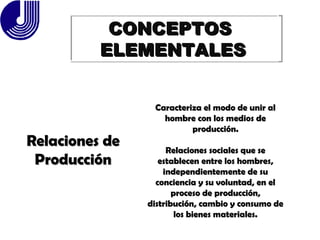 Relaciones de Producción CONCEPTOS  ELEMENTALES Caracteriza el modo de unir al hombre con los medios de producción. Relaciones sociales que se establecen entre los hombres, independientemente de su conciencia y su voluntad, en el proceso de producción, distribución, cambio y consumo de los bienes materiales. 