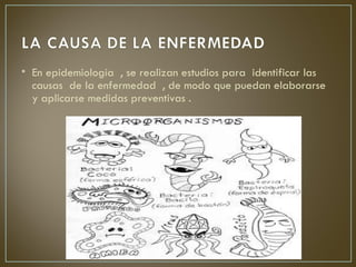 • En epidemiología , se realizan estudios para identificar las
  causas de la enfermedad , de modo que puedan elaborarse
  y aplicarse medidas preventivas .
 