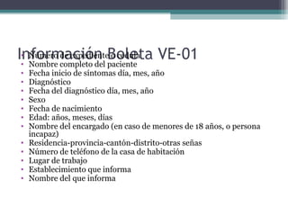 Información Boleta VE-01• Número de expediente o cedula
• Nombre completo del paciente
• Fecha inicio de síntomas día, mes, año
• Diagnóstico
• Fecha del diagnóstico día, mes, año
• Sexo
• Fecha de nacimiento
• Edad: años, meses, días
• Nombre del encargado (en caso de menores de 18 años, o persona
incapaz)
• Residencia-provincia-cantón-distrito-otras señas
• Número de teléfono de la casa de habitación
• Lugar de trabajo
• Establecimiento que informa
• Nombre del que informa
 