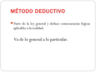 MÉTODO DEDUCTIVO 
Parte de la ley general y deduce consecuencias lógicas 
aplicables a la realidad. 
Va de lo general a lo particular. 
 