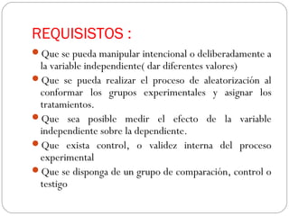 REQUISISTOS : 
Que se pueda manipular intencional o deliberadamente a 
la variable independiente( dar diferentes valores) 
Que se pueda realizar el proceso de aleatorización al 
conformar los grupos experimentales y asignar los 
tratamientos. 
Que sea posible medir el efecto de la variable 
independiente sobre la dependiente. 
Que exista control, o validez interna del proceso 
experimental 
Que se disponga de un grupo de comparación, control o 
testigo 
 