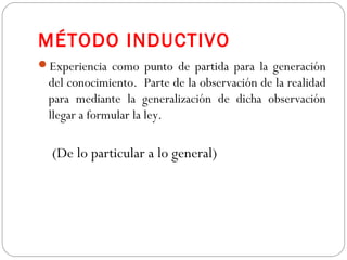 MÉTODO INDUCTIVO 
Experiencia como punto de partida para la generación 
del conocimiento. Parte de la observación de la realidad 
para mediante la generalización de dicha observación 
llegar a formular la ley. 
(De lo particular a lo general) 
 
