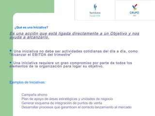 ¿Qué es una Iniciativa?

Es una acción que está ligada directamente a un Objetivo y nos
ayuda a alcanzarlo.
 Una iniciativa no debe ser actividades cotidianas del día a día, como

“Alcanzar el EBITDA del trimestre”

Una iniciativa requiere un gran compromiso por parte de todos los
elementos de la organización para logar su objetivo.


Ejemplos de Iniciativas:
Campaña ahorro
Plan de apoyo de áreas estratégicas y unidades de negocio
Generar esquema de integración de puntos de venta
Desarrollar procesos que garanticen el correcto lanzamiento al mercado

 
