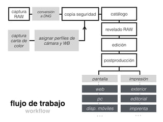 captura
carta de
color
ﬂujo de trabajo
workﬂow
captura
RAW
copia seguridad catálogo
conversión
a DNG
revelado RAW
edición
postproducción
impresiónpantalla
web
pc
disp. móviles
exterior
editorial
imprenta
asignar perﬁles de
cámara y WB
… …
 