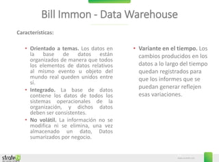 www.stratebi.com
21
Bill Immon - Data Warehouse
Características:
• Orientado a temas. Los datos en
la base de datos están
organizados de manera que todos
los elementos de datos relativos
al mismo evento u objeto del
mundo real queden unidos entre
sí.
• Integrado. La base de datos
contiene los datos de todos los
sistemas operacionales de la
organización, y dichos datos
deben ser consistentes.
• No volátil. La información no se
modifica ni se elimina, una vez
almacenado un dato, Datos
sumarizados por negocio.
• Variante en el tiempo. Los
cambios producidos en los
datos a lo largo del tiempo
quedan registrados para
que los informes que se
puedan generar reflejen
esas variaciones.
 