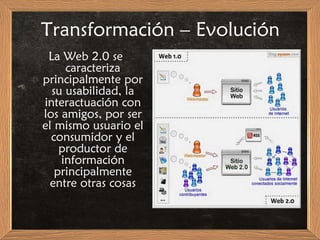 Transformación – Evolución La Web 2.0 se caracteriza principalmente por su usabilidad, la interactuación con los amigos, por ser el mismo usuario el consumidor y el productor de información principalmente entre otras cosas 