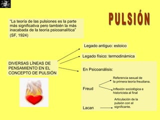 “La teoría de las pulsiones es la parte
más significativa pero también la más
inacabada de la teoría psicoanalítica”
(SF, 1924)

Legado antiguo: estoico
Legado físico: termodinámica

DIVERSAS LÍNEAS DE
PENSAMIENTO EN EL
CONCEPTO DE PULSIÓN

En Psicoanálisis:
Referencia sexual de
la primera teoría freudiana.

Freud

Lacan

Inflexión sociológica e
historicista al final
Articulación de la
pulsión con el
significante.

 