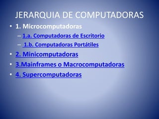 JERARQUIA DE COMPUTADORAS
• 1. Microcomputadoras
– 1.a. Computadoras de Escritorio
– 1.b. Computadoras Portátiles
• 2. Minicomputadoras
• 3.Mainframes o Macrocomputadoras
• 4. Supercomputadoras
 