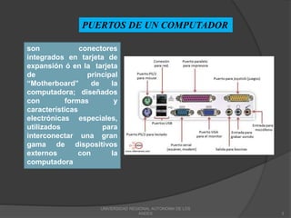 UNIVERSIDAD REGIONAL AUTONOMA DE LOS
ANDES 3
PUERTOS DE UN COMPUTADOR
son conectores
integrados en tarjeta de
expansión ó en la tarjeta
de principal
“Motherboard” de la
computadora; diseñados
con formas y
características
electrónicas especiales,
utilizados para
interconectar una gran
gama de dispositivos
externos con la
computadora
 