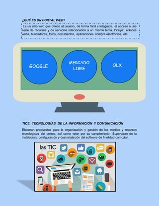 ¿QUÉ ES UN PORTAL WEB?
Es un sitio web que ofrece al usuario, de forma fácil e integrada, el acceso a una
serie de recursos y de servicios relacionados a un mismo tema. Incluye: enlaces
webs, buscadores, foros, documentos, aplicaciones, compra electrónica, etc.
TICS: TECNOLOGÍAS DE LA INFORMACIÓN Y COMUNICACIÓN
Elaboran propuestas para la organización y gestión de los medios y recursos
tecnológicos del centro, así como velar por su cumplimiento; Supervisan de la
instalación, configuración y desinstalación del software de finalidad curricular.
GOOGLE
MERCADO
LIBRE
OLX
 