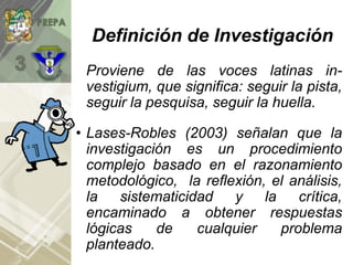 Definición de Investigación
Proviene de las voces latinas in-
vestigium, que significa: seguir la pista,
seguir la pesquisa, seguir la huella.
• Lases-Robles (2003) señalan que la
investigación es un procedimiento
complejo basado en el razonamiento
metodológico, la reflexión, el análisis,
la sistematicidad y la crítica,
encaminado a obtener respuestas
lógicas de cualquier problema
planteado.
 