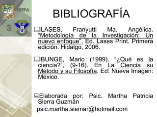 BIBLIOGRAFÍA
LASES, Franyutti Ma. Angélica.
“Metodología de la Investigación: Un
nuevo enfoque”. Ed. Lases Print. Primera
edición. Hidalgo, 2006.
BUNGE, Mario (1999). “¿Qué es la
ciencia?”, (9-16). En La Ciencia su
Método y su Filosofía. Ed: Nueva Imagen:
México.
Elaborada por: Psic. Martha Patricia
Sierra Guzmán
psic.martha.siemar@hotmail.com
 