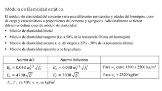 Norma ACI Norma Boliviana
Módulo de Elasticidad estático
El módulo de elasticidad del concreto varía para diferentes resistencias y edades del hormigón, tipos
de carga y características o proporciones del cemento y agregados. Adicionalmente se tienen
diferentes definiciones de módulo de elasticidad:
▪ Módulo de elasticidad inicial
▪ Módulo de elasticidad tangente (i.e. a 50% de la resistencia última del hormigón)
▪ Módulo de elasticidad secante (i.e. del origen a 25% - 50% de la resistencia última)
▪ Módulo de elasticidad aparente o de largo plazo.
Para wc entre 1500 a 2500 kg/m3
Para wc ≈ 2320 kgf/m3
Ec, f’c en MPa y wc en kgf/m3
𝐸𝑐 = 4700 𝑓𝑐
′
𝐸𝑐 = 0.038 𝑤𝑐
1.5 𝑓𝑐
′
𝐸𝑐 = 3830 𝑓𝑐
′
𝐸𝑐 = 0.043 𝑤𝑐
1.5 𝑓𝑐
′
 
