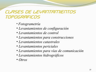 31
• Fotogrametría
• Levantamientos de configuración
• Levantamientos de control
• Levantamientos para construcciones
• Levantamientos catastrales
• Levantamientos periciales
• Levantamientos para vías de comunicación
• Levantamientos hidrográficos
• Otros
 