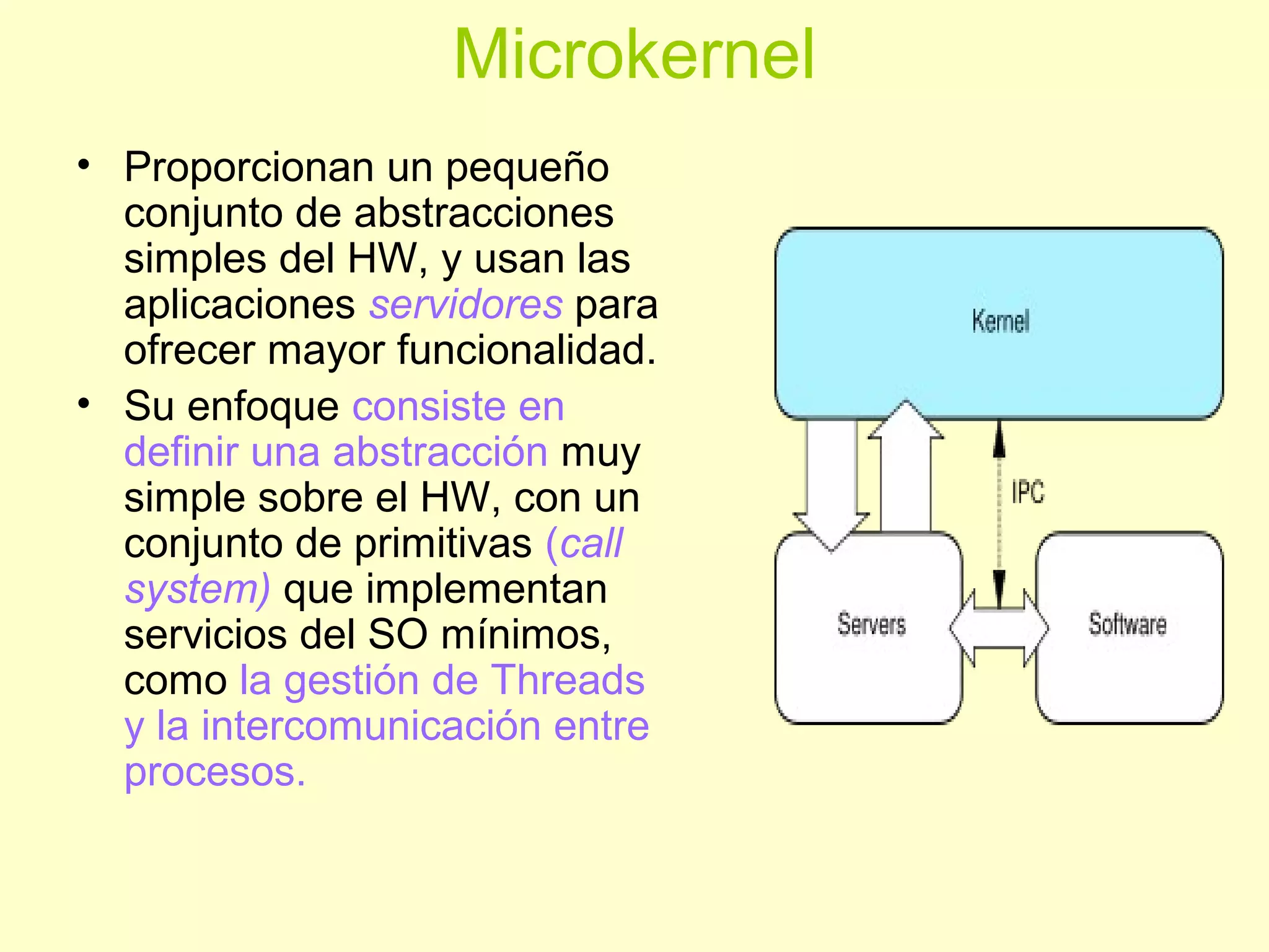 Microkernel
• Proporcionan un pequeño
conjunto de abstracciones
simples del HW, y usan las
aplicaciones servidores para
ofrecer mayor funcionalidad.
• Su enfoque consiste en
definir una abstracción muy
simple sobre el HW, con un
conjunto de primitivas (call
system) que implementan
servicios del SO mínimos,
como la gestión de Threads
y la intercomunicación entre
procesos.
 