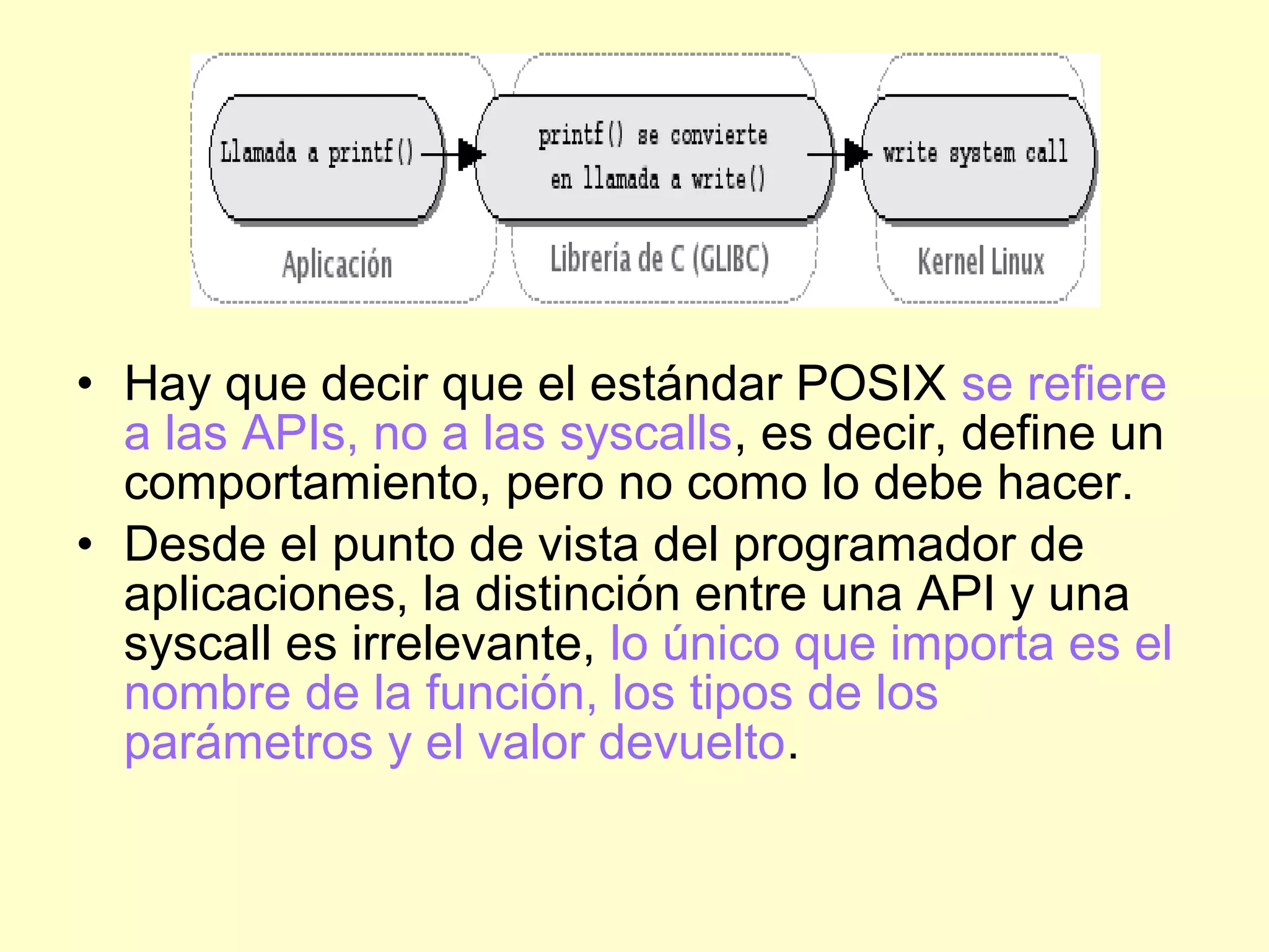 • Hay que decir que el estándar POSIX se refiere
a las APIs, no a las syscalls, es decir, define un
comportamiento, pero no como lo debe hacer.
• Desde el punto de vista del programador de
aplicaciones, la distinción entre una API y una
syscall es irrelevante, lo único que importa es el
nombre de la función, los tipos de los
parámetros y el valor devuelto.
 