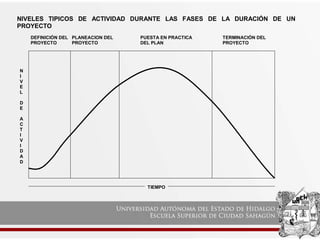 NIVELES TIPICOS DE ACTIVIDAD DURANTE LAS FASES DE LA DURACIÓN DE UN
PROYECTO
DEFINICIÓN DEL PLANEACION DEL PUESTA EN PRACTICA TERMINACIÓN DEL
PROYECTO PROYECTO DEL PLAN PROYECTO
TIEMPO
N
I
V
E
L
D
E
A
C
T
I
V
I
D
A
D
 