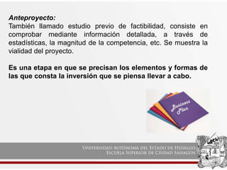 Anteproyecto:
También llamado estudio previo de factibilidad, consiste en
comprobar mediante información detallada, a través de
estadísticas, la magnitud de la competencia, etc. Se muestra la
vialidad del proyecto.
Es una etapa en que se precisan los elementos y formas de
las que consta la inversión que se piensa llevar a cabo.
 