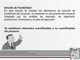 Estudio de Factibilidad:
En este estudio se señalan las alternativas de solución de
problemas del proyecto, se presenta un documento del proyecto
integrado por los análisis de mercado, de ingeniería,
económicos, financieros y el plan de ejecución.
Se establecen elementos cuantificables y no cuantificables
del proyecto.
 