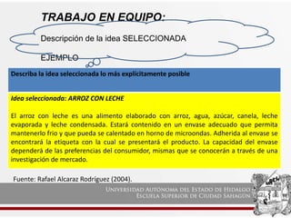 TRABAJO EN EQUIPO:
Descripción de la idea SELECCIONADA
EJEMPLO
Describa la idea seleccionada lo más explícitamente posible
Idea seleccionada: ARROZ CON LECHE
El arroz con leche es una alimento elaborado con arroz, agua, azúcar, canela, leche
evaporada y leche condensada. Estará contenido en un envase adecuado que permita
mantenerlo frio y que pueda se calentado en horno de microondas. Adherida al envase se
encontrará la etiqueta con la cual se presentará el producto. La capacidad del envase
dependerá de las preferencias del consumidor, mismas que se conocerán a través de una
investigación de mercado.
Fuente: Rafael Alcaraz Rodríguez (2004).
 