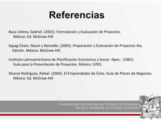 Referencias
Baca Urbina, Gabriel. (2001). Formulación y Evaluación de Proyectos.
México: Ed. McGraw-Hill
Sapag Chain, Nassir y Reinaldo. (2005). Preparación y Evaluación de Proyectos 4ta.
Edición. México: McGraw-Hill.
Instituto Latinoamericano de Planificación Económica y Social –Ilpes-. (1981).
Guía para la Presentación de Proyectos. México: ILPES.
Alcaraz Rodríguez, Rafael. (2004). El Emprendedor de Éxito. Guía de Planes de Negocios.
México: Ed. McGraw-Hill
 