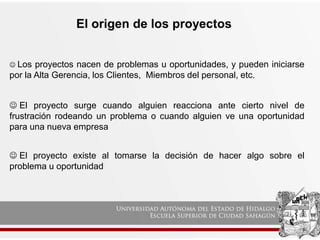 El origen de los proyectos
 Los proyectos nacen de problemas u oportunidades, y pueden iniciarse
por la Alta Gerencia, los Clientes, Miembros del personal, etc.
 El proyecto surge cuando alguien reacciona ante cierto nivel de
frustración rodeando un problema o cuando alguien ve una oportunidad
para una nueva empresa
 El proyecto existe al tomarse la decisión de hacer algo sobre el
problema u oportunidad
 