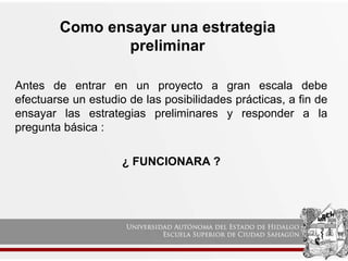 Como ensayar una estrategia
preliminar
Antes de entrar en un proyecto a gran escala debe
efectuarse un estudio de las posibilidades prácticas, a fin de
ensayar las estrategias preliminares y responder a la
pregunta básica :
¿ FUNCIONARA ?
 