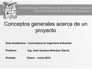 Área Académica: Licenciatura en Ingeniería Industrial
Profesor: Ing. José Gustavo Balcázar García
Periodo: Enero – Junio 2015
Conceptos generales acerca de un
proyecto
 
