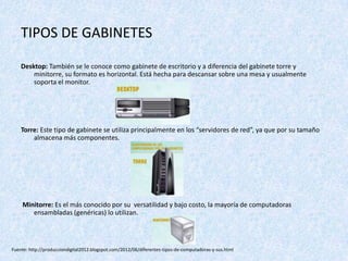 TIPOS DE GABINETES
Desktop: También se le conoce como gabinete de escritorio y a diferencia del gabinete torre y
minitorre, su formato es horizontal. Está hecha para descansar sobre una mesa y usualmente
soporta el monitor.
Torre: Este tipo de gabinete se utiliza principalmente en los “servidores de red”, ya que por su tamaño
almacena más componentes.
Minitorre: Es el más conocido por su versatilidad y bajo costo, la mayoría de computadoras
ensambladas (genéricas) lo utilizan.
Fuente: http://producciondigital2012.blogspot.com/2012/06/diferentes-tipos-de-computadoras-y-sus.html
 