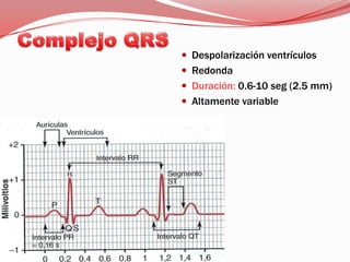 ONDA PDespolarización auricularRedondaDuración: 0.10 seg (2.5 mm)Voltaje máx: 0.25mV (2.5 mm)Positiva en casi todas las derivaciones