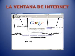 BARRA DE DIRECCIONES
PESTAÑAS
BARRA DE MENÚ
PAGINA DE INICIO
BOTONES DE ACTUALIZAR Y
DETENER
BOTONES
ADELANTE Y ATRAZ
 