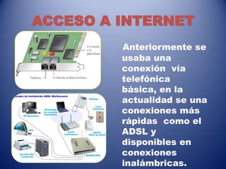 ACCESO A INTERNET
Anteriormente se
usaba una
conexión vía
telefónica
básica, en la
actualidad se una
conexiones más
rápidas como el
ADSL y
disponibles en
conexiones
inalámbricas.
 