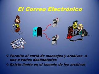 El Correo Electrónico
 Permite el envió de mensajes y archivos a
uno o varios destinatarios
 Existe limite en el tamaño de los archivos
 