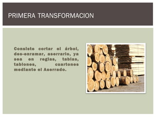 PRIMERA TRANSFORMACION



 Consiste cortar el árbol,
 des-enramar, aserrarlo, ya
 sea en reglas, tablas,
 tablones,       cuartones
 mediante el Aserrado.
 
