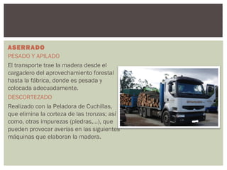 ASERRADO
PESADO Y APILADO
El transporte trae la madera desde el
cargadero del aprovechamiento forestal
hasta la fábrica, donde es pesada y
colocada adecuadamente.
DESCORTEZADO
Realizado con la Peladora de Cuchillas,
que elimina la corteza de las tronzas; así
como, otras impurezas (piedras,...), que
pueden provocar averías en las siguientes
máquinas que elaboran la madera.
 